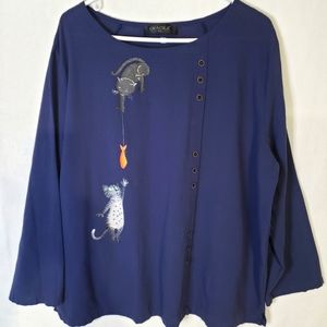 Gracila Cats Print Cotton Navy Blue Blouse Top Women's Size 5XL